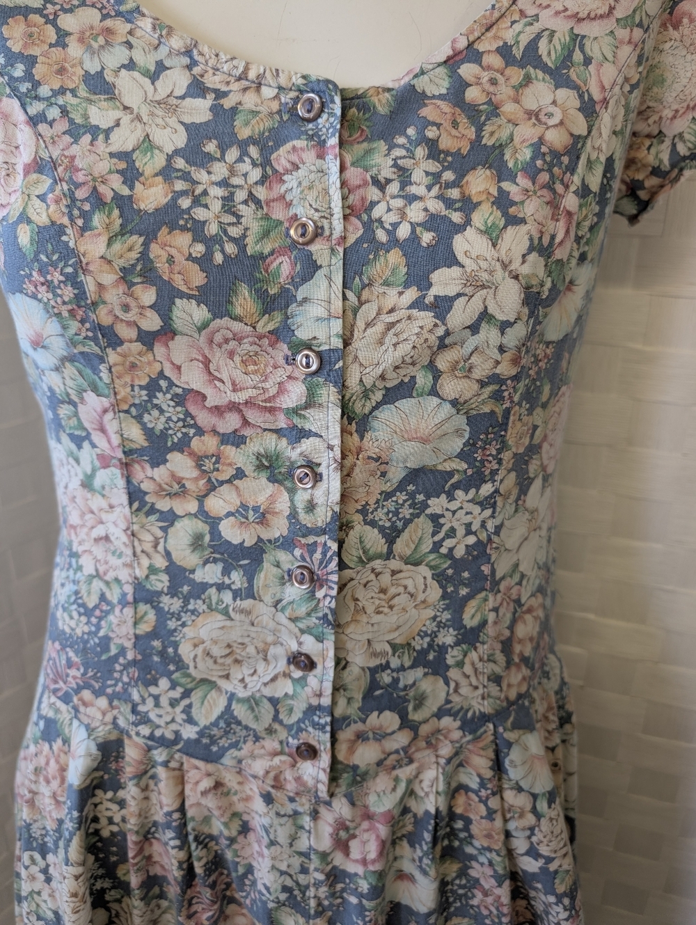 VINTAGE Cottagercore1990 Floral Button-Front Women's Dress in Dusty Blue Pink - Picture 2 of 5